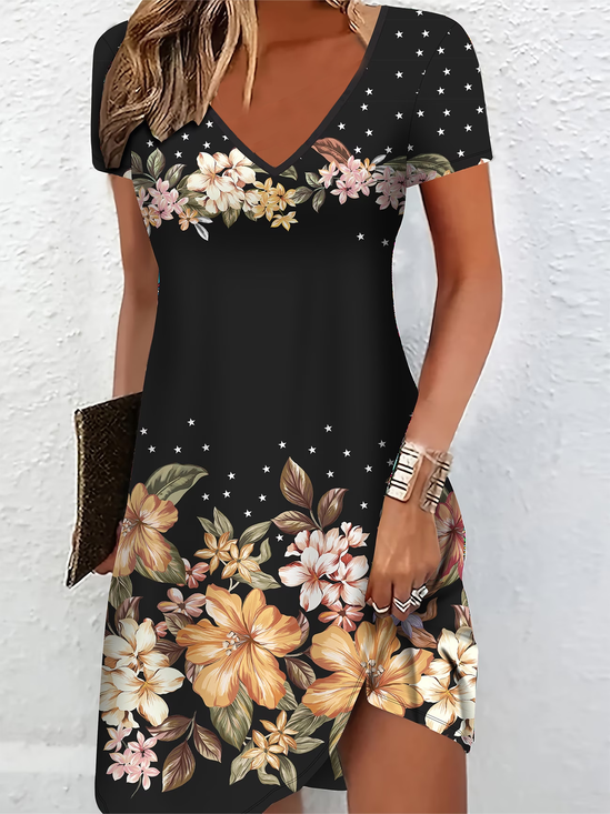 Women's Short Sleeve Summer Black Floral Printing V Neck Daily Going Out Casual Midi A-Line Classic Dress