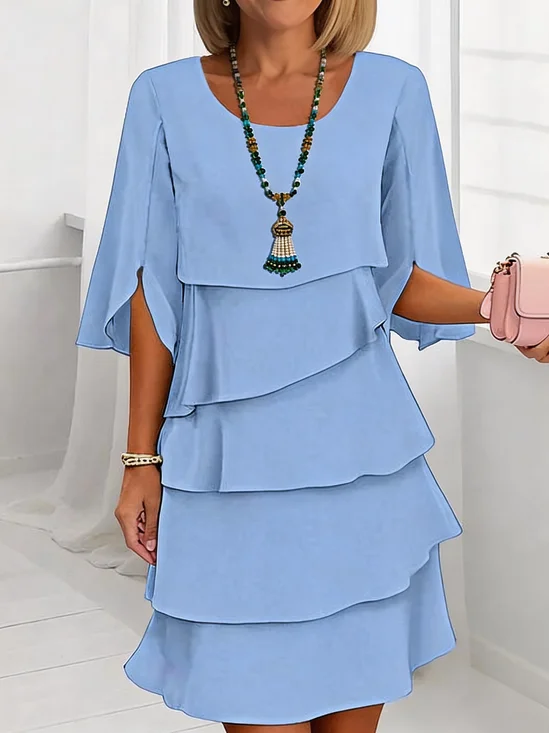 Elegant Multi-Tiered Crepe Dress with Flutter Sleeves - Wrinkle-Resistant A-Line Silhouette