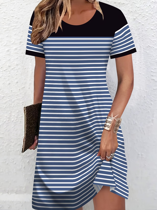 Women's Short Sleeve Summer Blue Striped Printing Crew Neck Daily Going Out Casual Midi A-Line T-Shirt Dress Dress