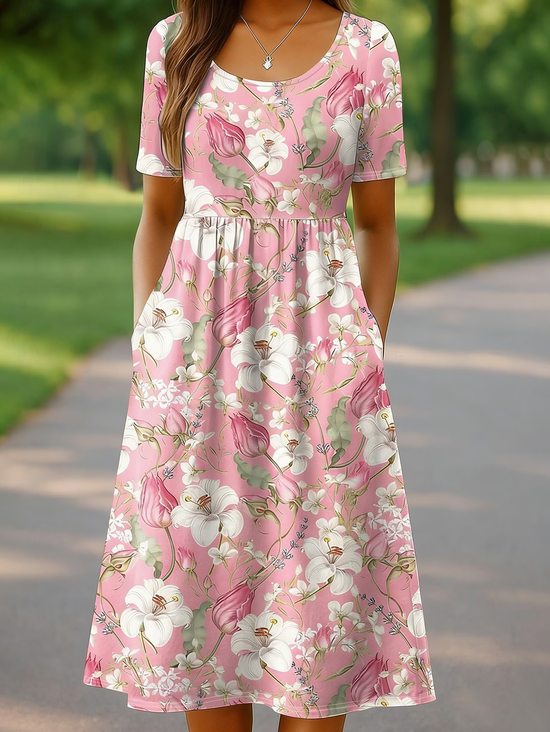 Women's Short Sleeve Summer Pink Floral Printing Crew Neck Daily Going Out Casual Maxi H-Line Shift Dress Dress