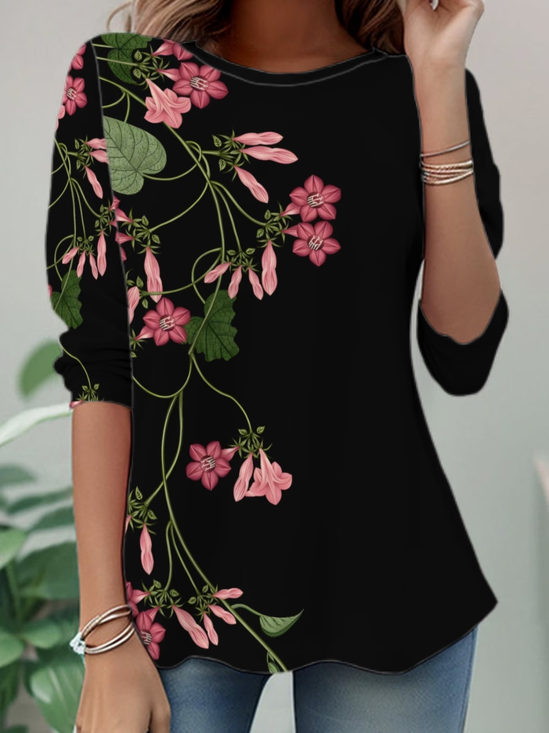Women's Long Sleeve T-shirt Spring/Fall Black Floral Jersey Crew Neck Daily Going Out Casual Top
