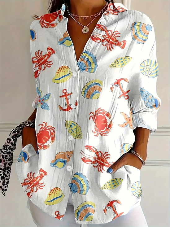 Women's Long Sleeve Shirt Spring/Fall White Marine Life Buckle Shirt Collar Regular Sleeve Daily Going Out Casual Top