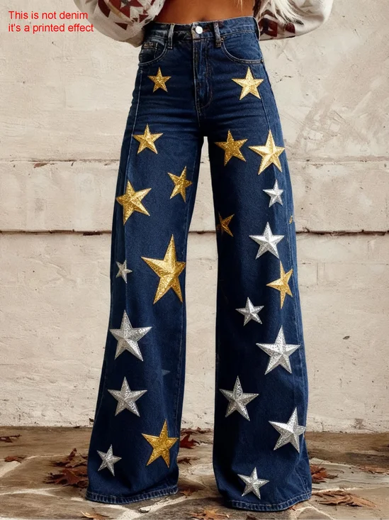 3D Printing Vintage 250th Anniversary Denim Look/Denim Effect Mid Waist Wide Leg Star Casual Pants