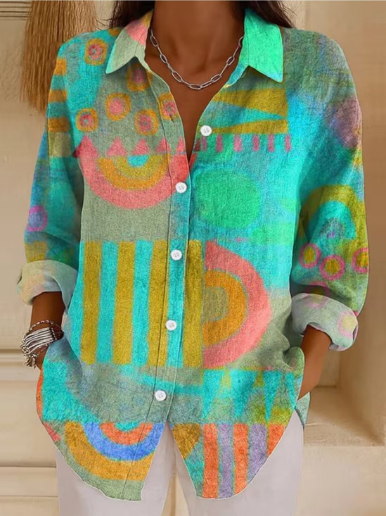 Women's Long Sleeve Shirt Spring/Fall Green Abstract Buckle Shirt Collar Regular Sleeve Daily Going Out Casual Top