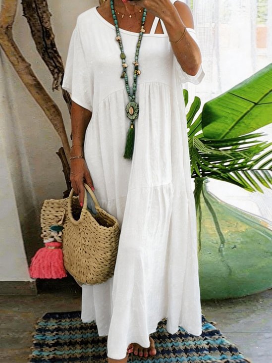 Vacation Plain Tiered Cold Shoulder Maxi Dress