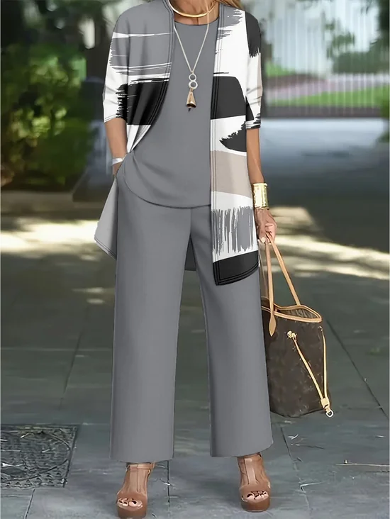Women's Printing Abstract Daily Going Out Matching Outfit Gray Casual Spring/Fall Multi-Piece Set Matching Set