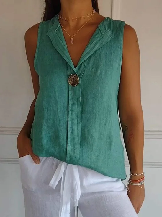 Cotton And Linen Casual Plain Buttoned Shawl Collar Shirt