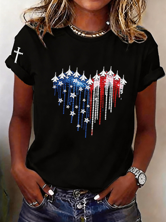Women's Patriotic Faith & Freedom Heart Graphic Tee - Jet Fighter USA Flag Shirt
