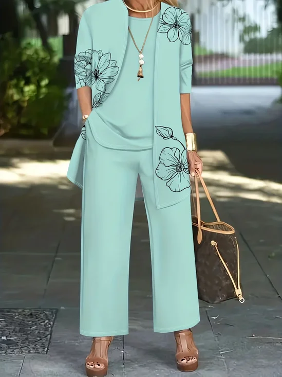 Women's Printing Floral Daily Going Out Matching Outfit Green Casual Spring/Fall Multi-Piece Set Matching Set