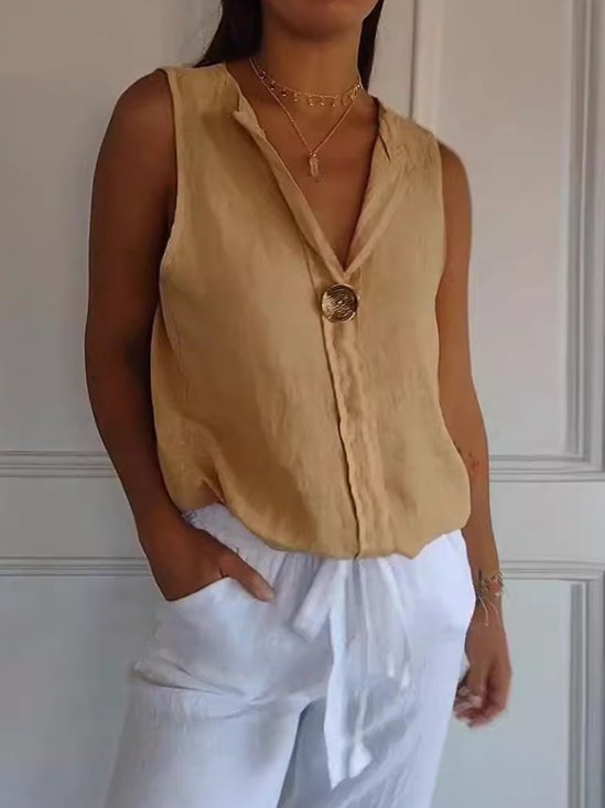 Cotton And Linen Casual Plain Buttoned Shawl Collar Shirt
