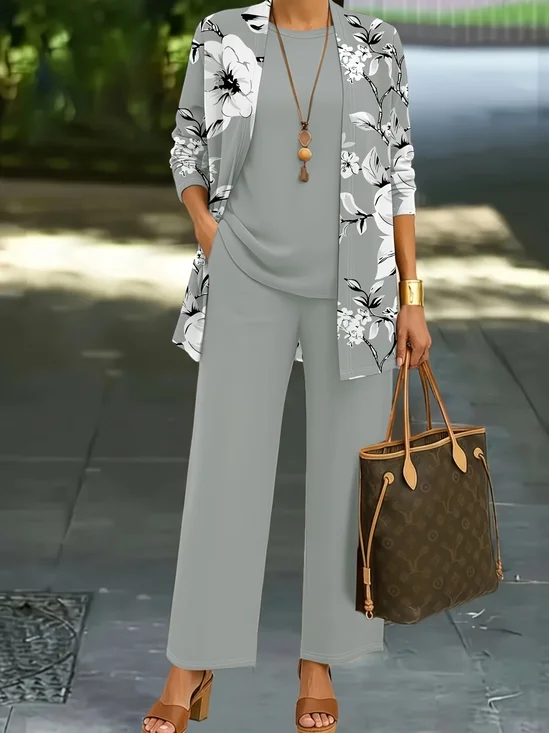 Women's Printing Floral Daily Going Out Matching Outfit Gray Casual Spring/Fall Multi-Piece Set Matching Set
