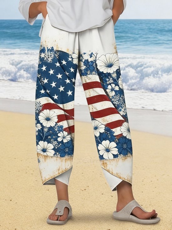 3D Printing Floral Vintage America Flag High Waist Casual Ankle Pants