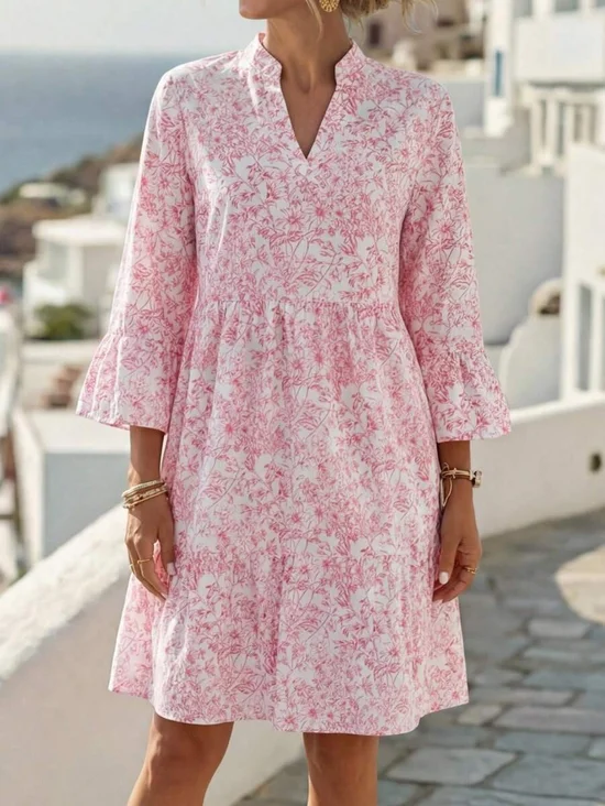 Elegant Floral V Neck 3/4 Sleeve Ruffle Tiered Mini Dress Casual Summer Flowy dress
