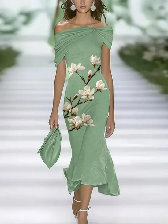 Women's Cap Sleeve Summer Green Floral Printing Cold Shoulder Daily Going Out Vintage Maxi H-Line Dress