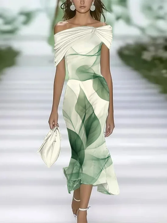 Women's Cap Sleeve Summer Green Leaf Printing Cold Shoulder Daily Going Out Vintage Maxi H-Line Dress