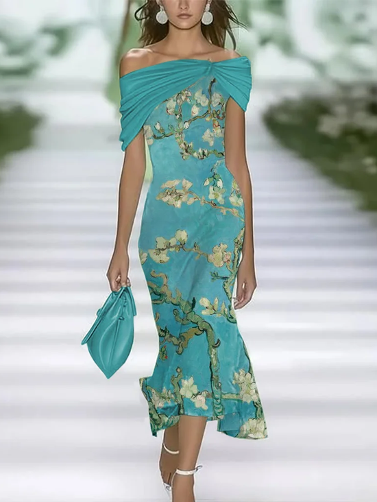 Women's Cap Sleeve Summer Cyan Floral Printing Cold Shoulder Daily Going Out Vintage Maxi H-Line Dress