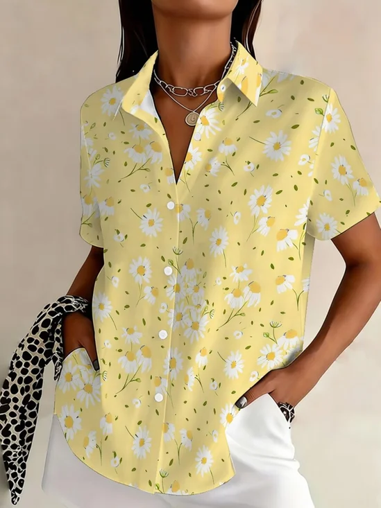 Women's Short Sleeve Shirt Summer Yellow Floral Printing Shirt Collar Daily Going Out Casual Top