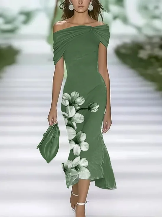 Women's Cap Sleeve Summer Green Floral Printing Cold Shoulder Daily Going Out Vintage Maxi H-Line Dress