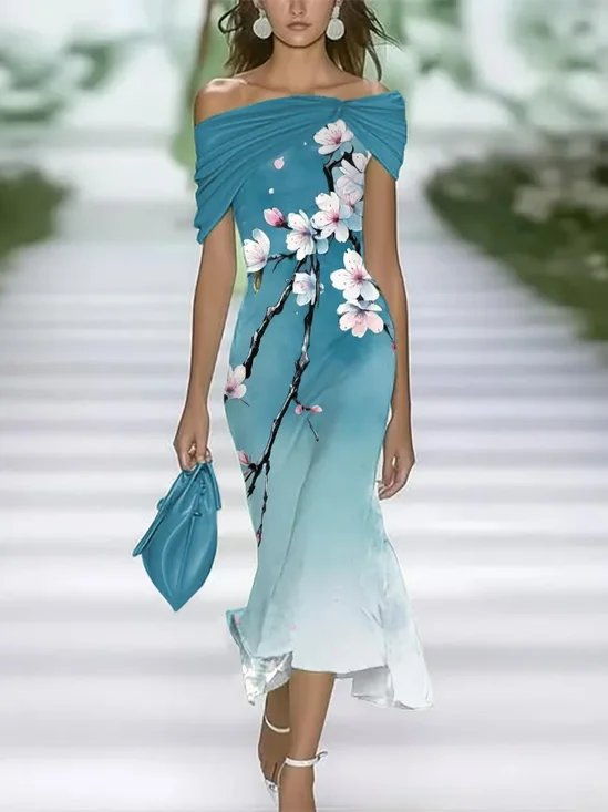 Women's Cap Sleeve Summer Cyan Floral Printing Cold Shoulder Daily Going Out Vintage Maxi H-Line Dress