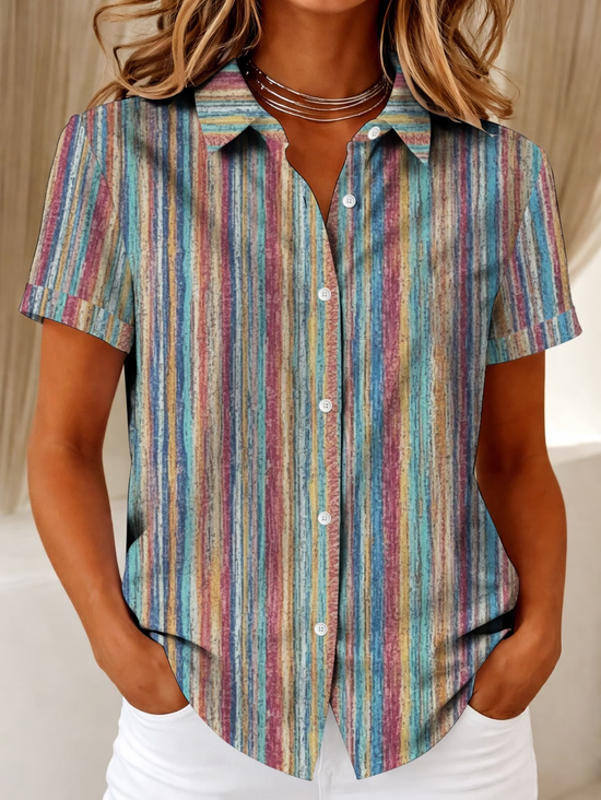 Women's Short Sleeve Shirt Summer As Picture Abstract Stripes Printing Shirt Collar Daily Going Out Casual Top
