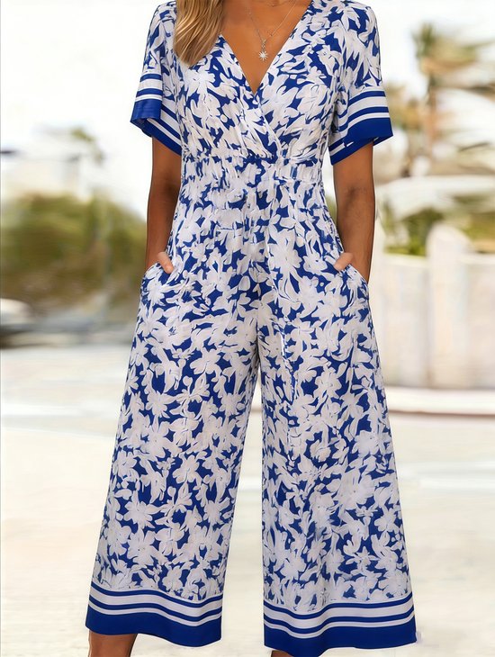 Floral Loose Vintage V Neck Jumpsuit