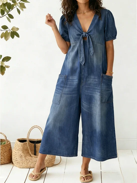Plain Denim Look Puff Short Sleeve V Neck Bow Tie Spring Summer Going Out Casual Jumpsuit