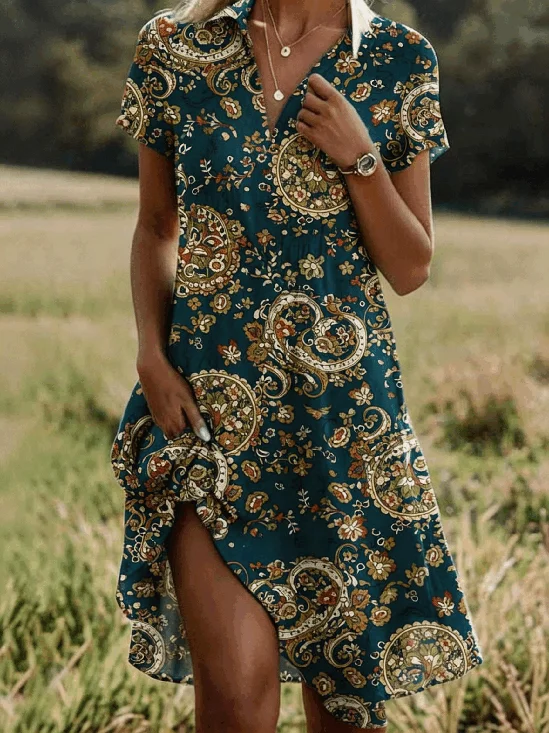 Paisley Boho Loose Shirt Collar Shirt Dress With No