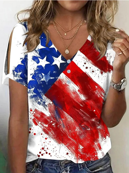 Regular Fit Independence Day V Neck Elegant T-Shirt