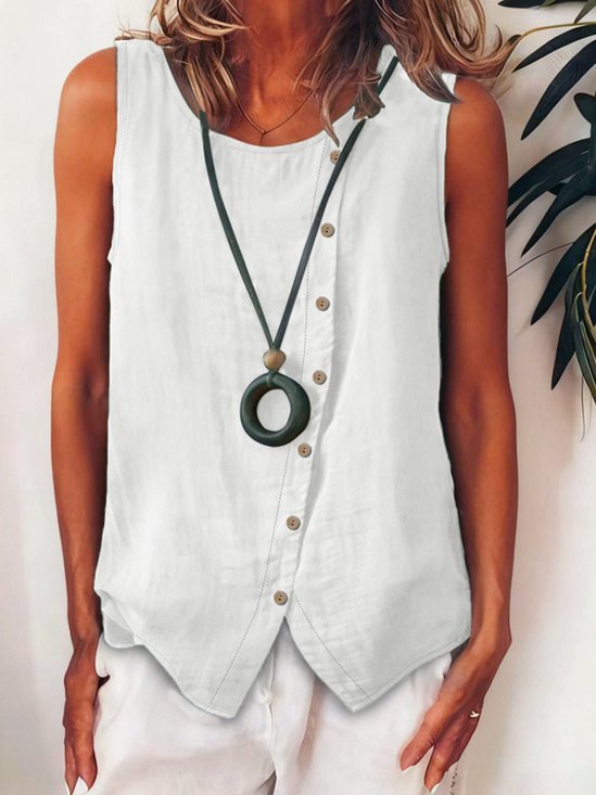 Plain Viscose Round Neck Sleeveless Button Summer Casual Boho Top