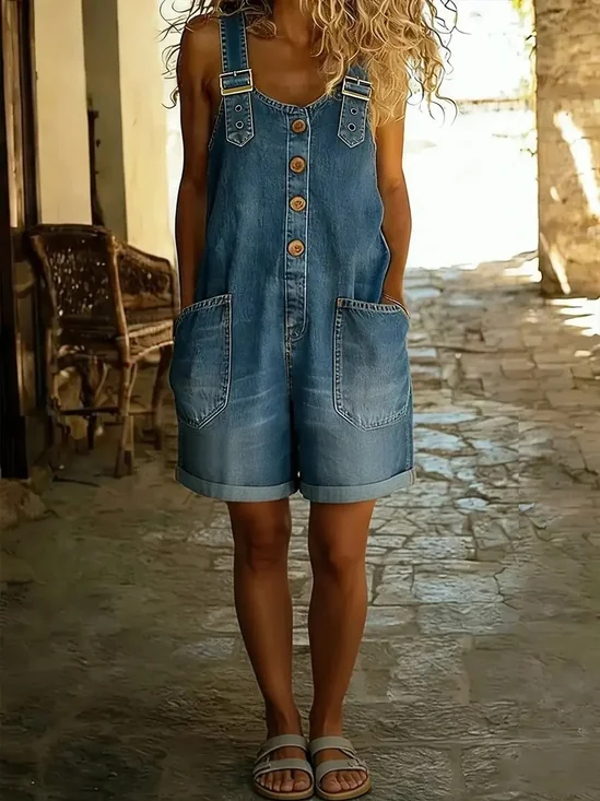 Washed Denim Look Sleeveless V Neck Button Casual Overall Jumpsuit Shorts