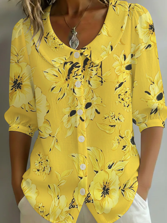Women's Half Sleeve Shirt Summer Yellow Floral Printing Shawl Collar Daily Going Out Casual Top