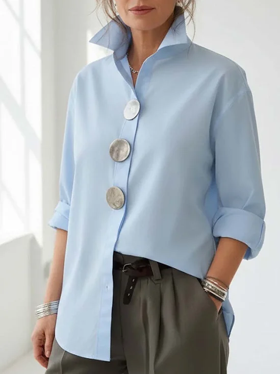 Plain Shirt Collar Metal Button Commuting Going Out Casual Shirt