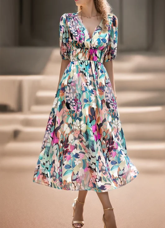 Puff Sleeve V Neck Floral Elegant Dress With No