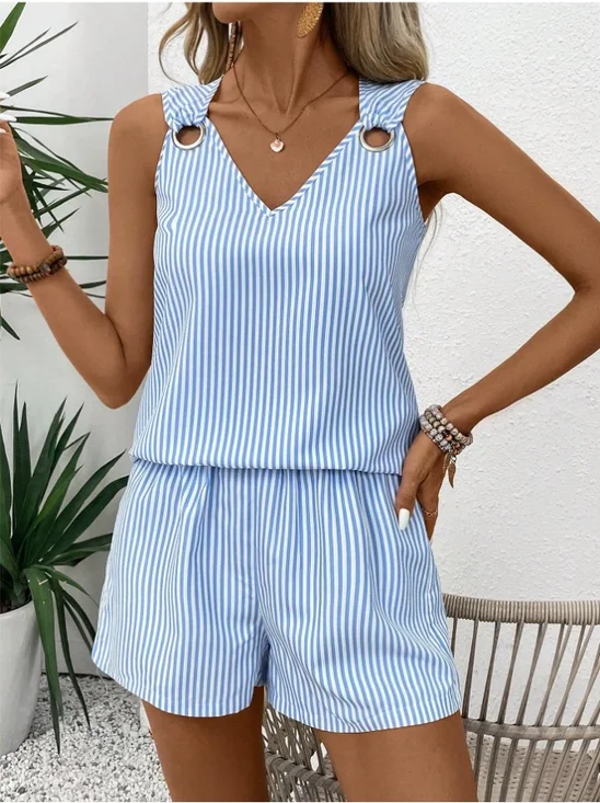 Striped Sleeveless V Neck Top Metal Ring With Shorts Summer Casual Two-Piece Set