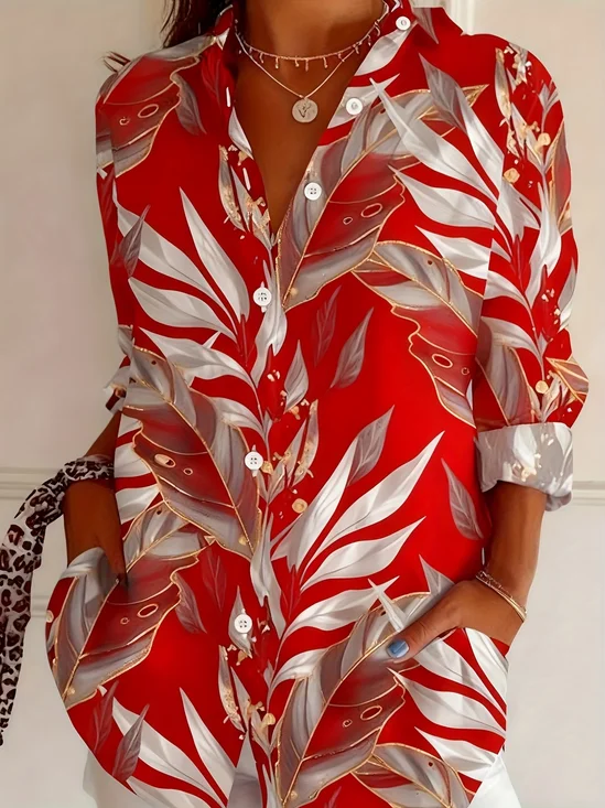 Women's Long Sleeve Shirt Spring/Fall Red Plants Buckle Shirt Collar Daily Going Out Casual Top