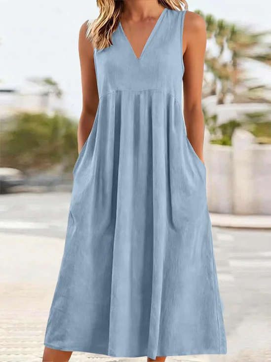 Vintage Cotton And Linen Plain Dress With No