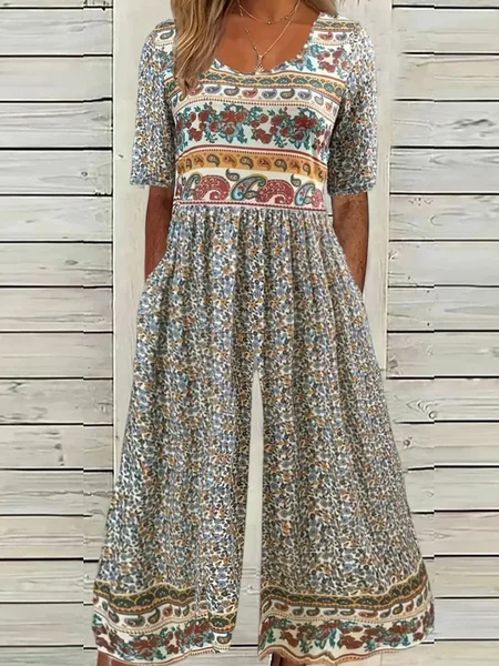 Boho Floral Print Wide Leg Jumpsuit with Pockets