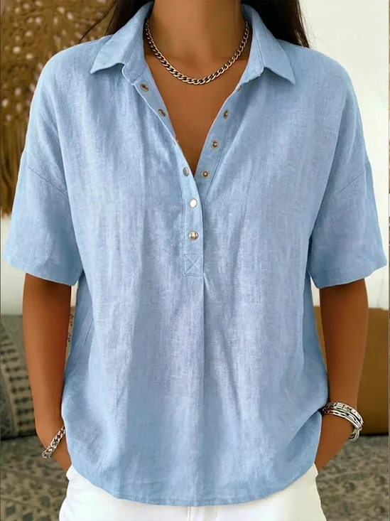 Women’s Light Blue Short Sleeve V Neck Henley Shirt Loose Fit Linen Casual Polo Blouse