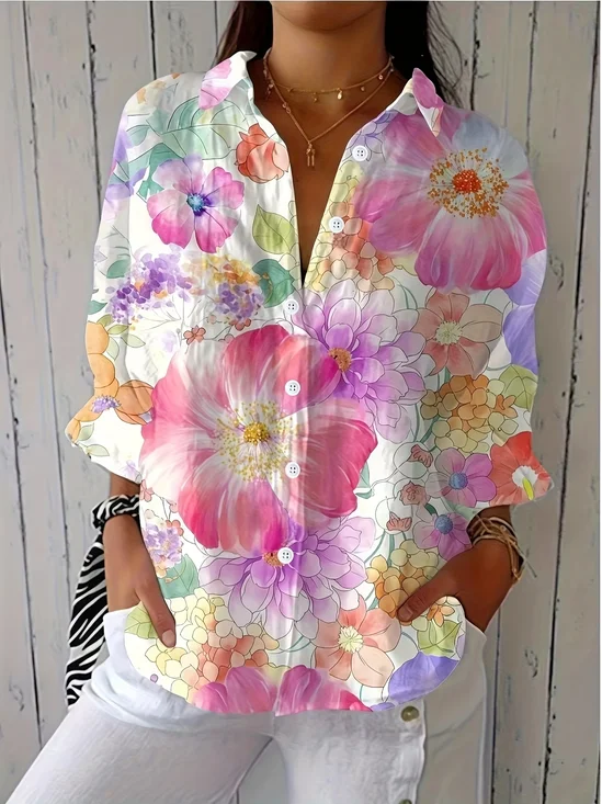 Women's Three Quarter Sleeve Shirt Spring/Fall As Picture Floral Printing Shirt Collar Daily Going Out Casual Top