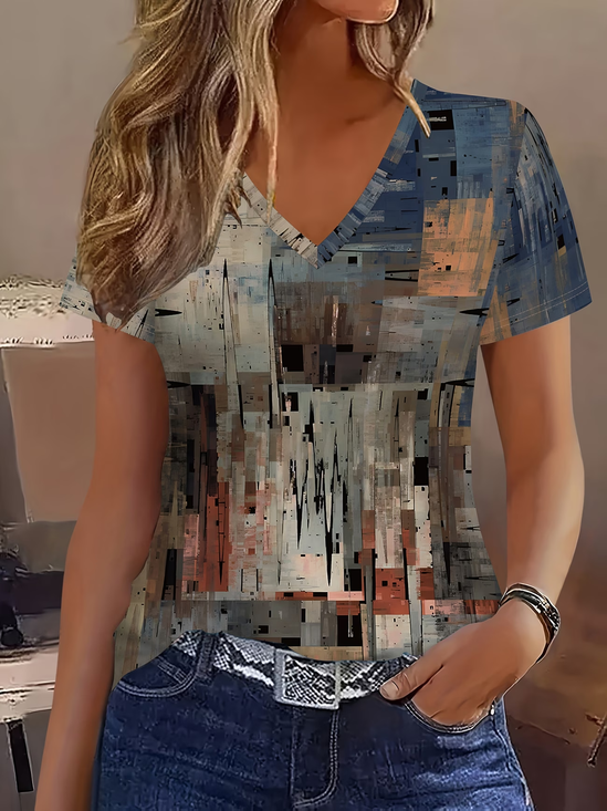 Women's Short Sleeve T-shirt Summer As Picture Abstract Printing V Neck Holiday Going Out Vintage Top