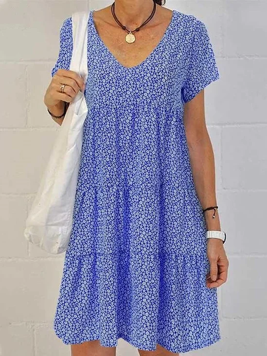 Women's Short Sleeve Summer Royal Blue Floral Printing V Neck Daily Going Out Casual Midi A-Line Tank Dress