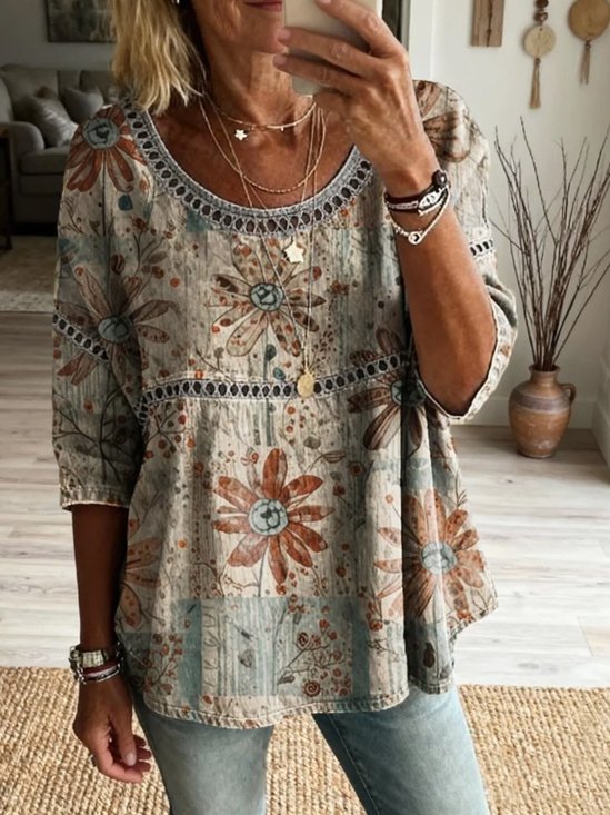 Crew Neck Elegant Linen Blend Shirt