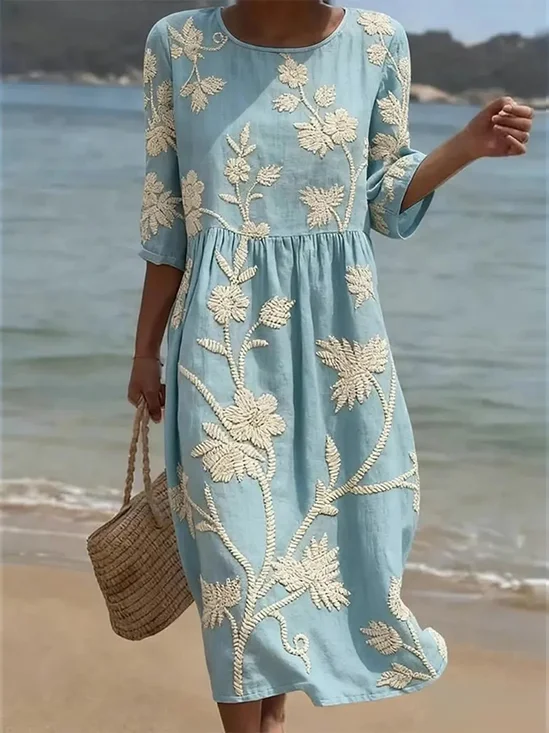 Women’s Blue Printed Long Sleeve Round Neck Beach Midi Dress for Vacation