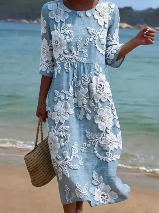 Light Blue Floral Print Half Sleeve Round Neck Midi Dress