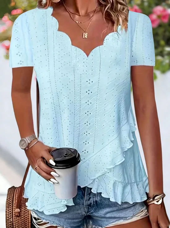 Plain Polyester Cotton V Neck Short Sleeve Scallop Ruffle Hem Edges Casual Top