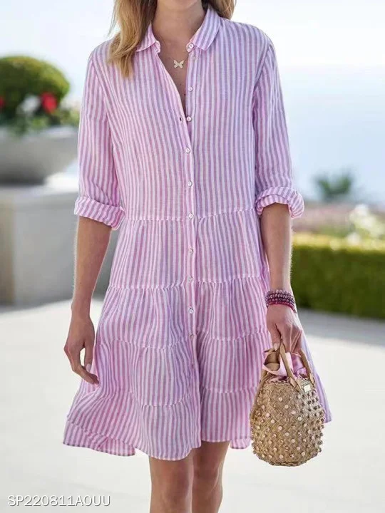 Women's Long Sleeve Spring/Fall Pink Striped Split Joint Shawl Collar Daily Going Out Vintage Midi A-Line Shirt Dress Dress