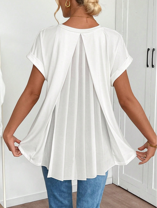 Plain Back Pleated V Neck Short Sleeved Casual Top