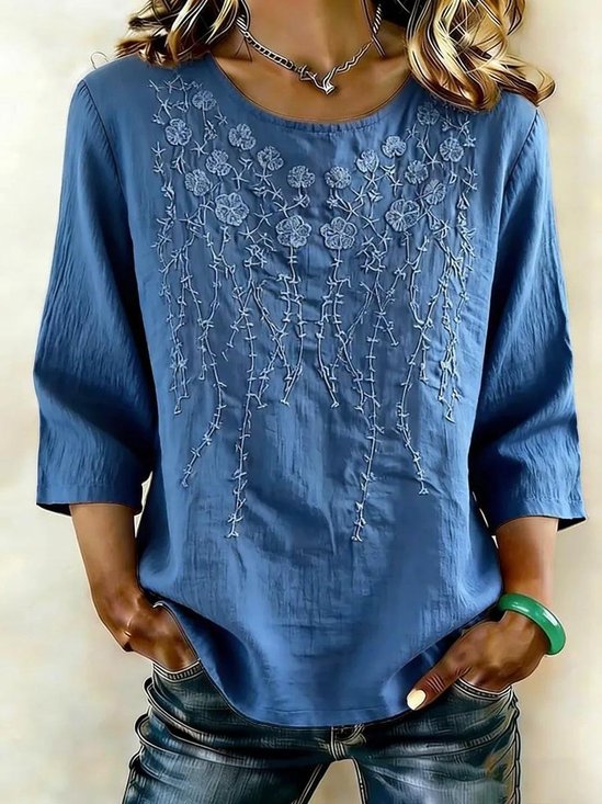Loose Elegant Crew Neck Cotton And Linen Shirt