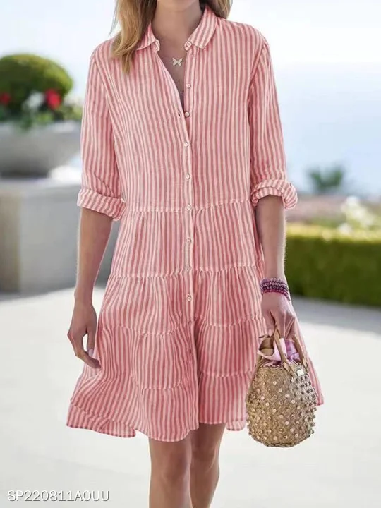 Women's Long Sleeve Spring/Fall Pink Striped Split Joint Shawl Collar Daily Going Out Vintage Midi A-Line Shirt Dress Dress