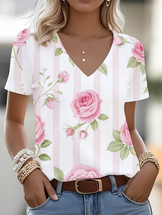 Women's Short Sleeve T-shirt Summer White Floral Printing V Neck Holiday Going Out Vintage Top